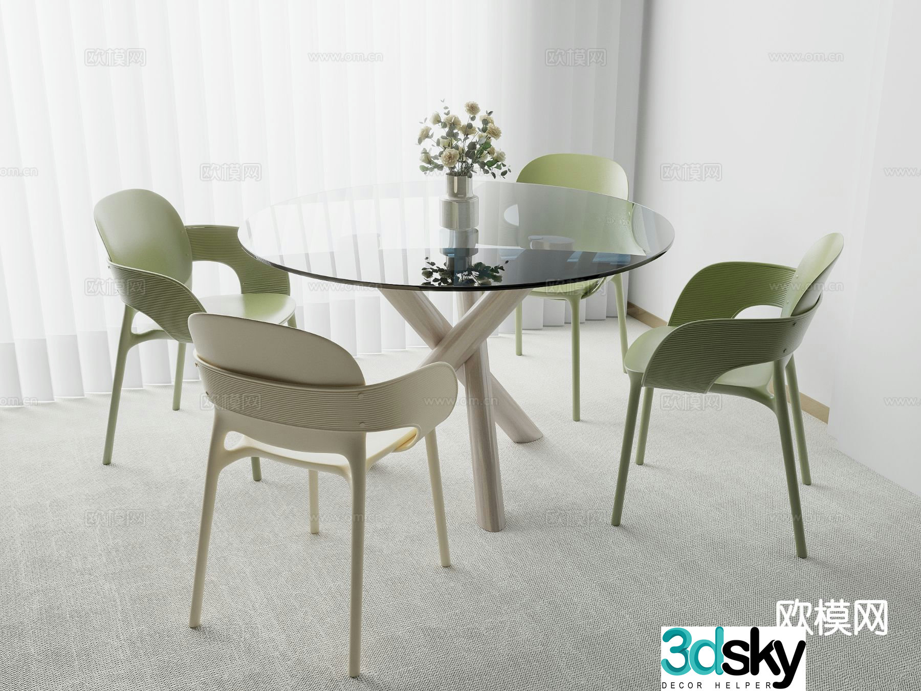 Modern dining table and chairs glass round table 3d model