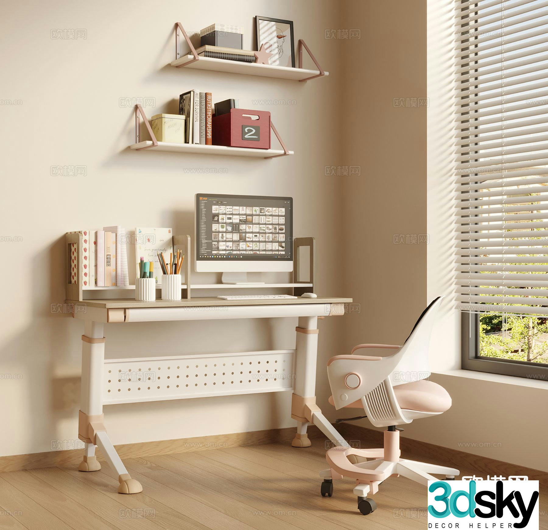 Modern children’s study table desk chair writing desk 3d model