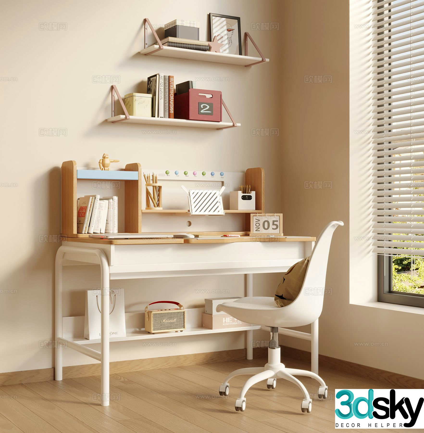 Modern children’s study table desk chair writing desk 3d model