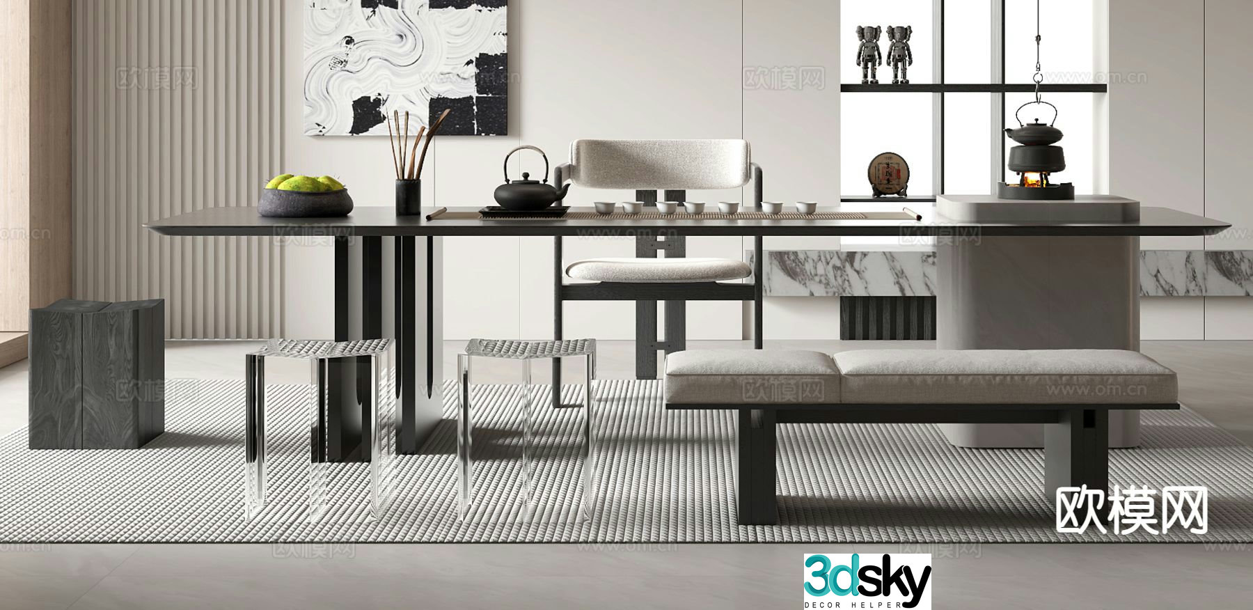 New Chinese tea table and chairs 3d model