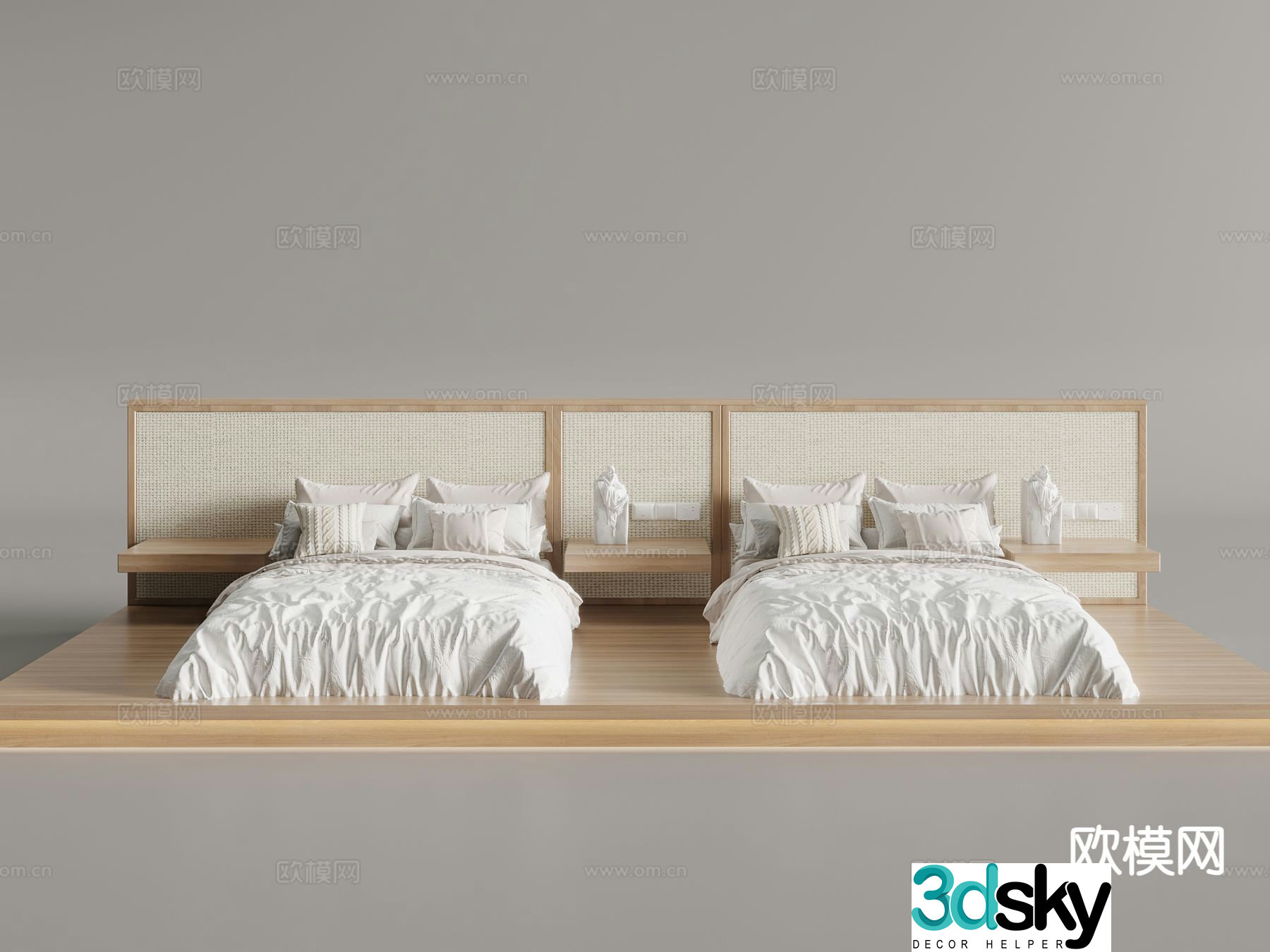 Wabi-sabi style double bed bedside background rattan bedside 3d model