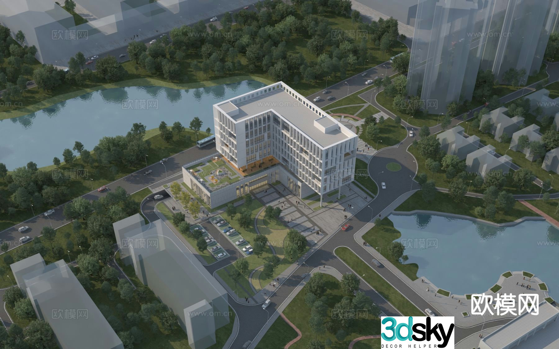 Aerial view 3d model of modern office building