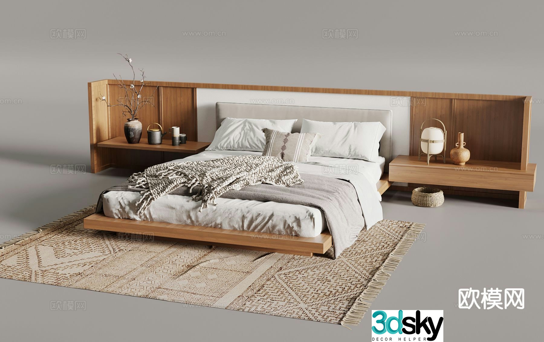 Log style double bed bedside background 3d model