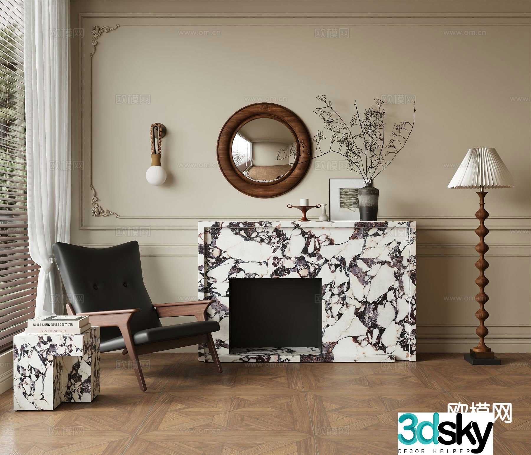 Middle style chair casual chair fireplace 3d model