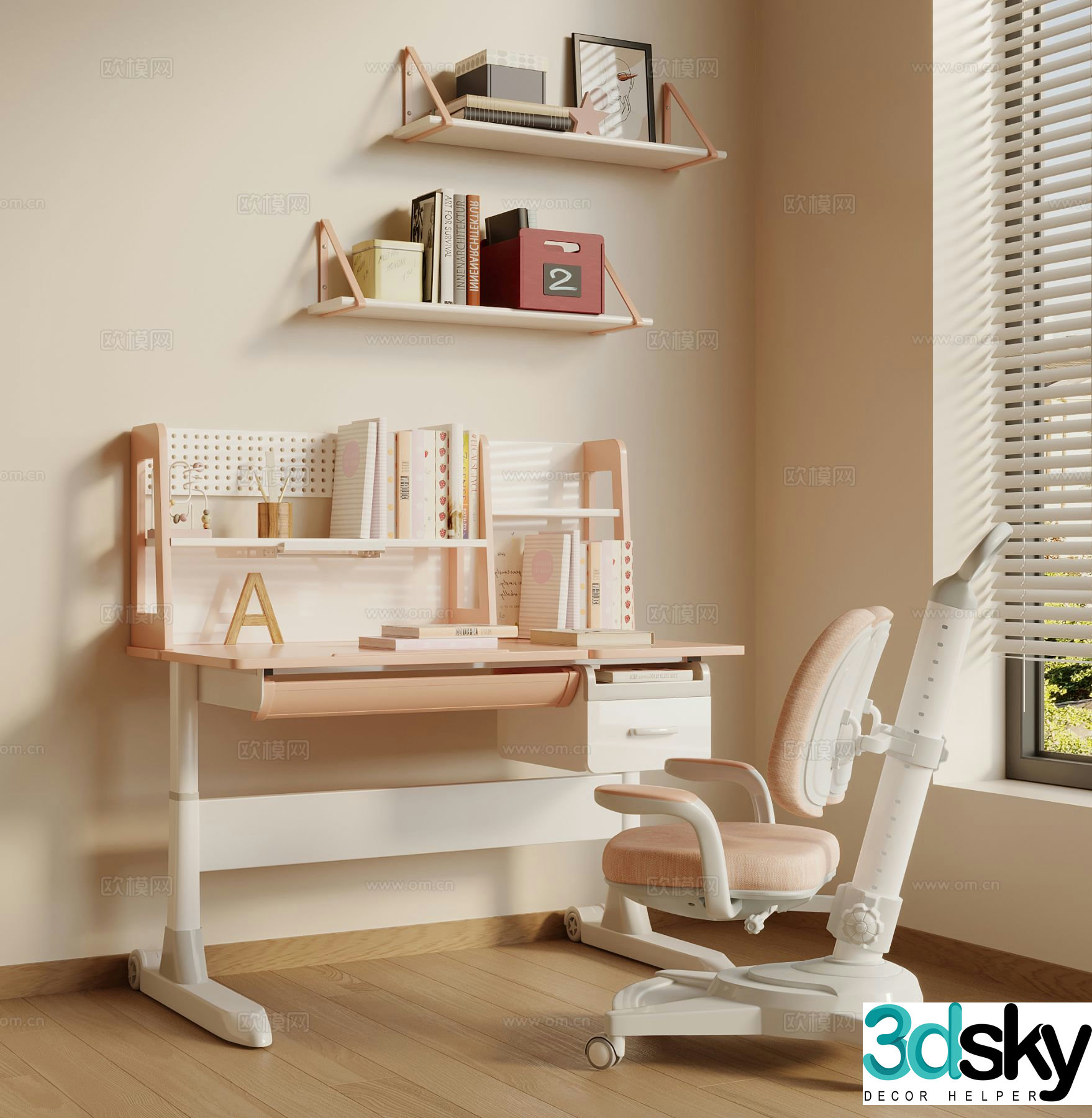 Modern children’s study table desk chair writing desk 3d model