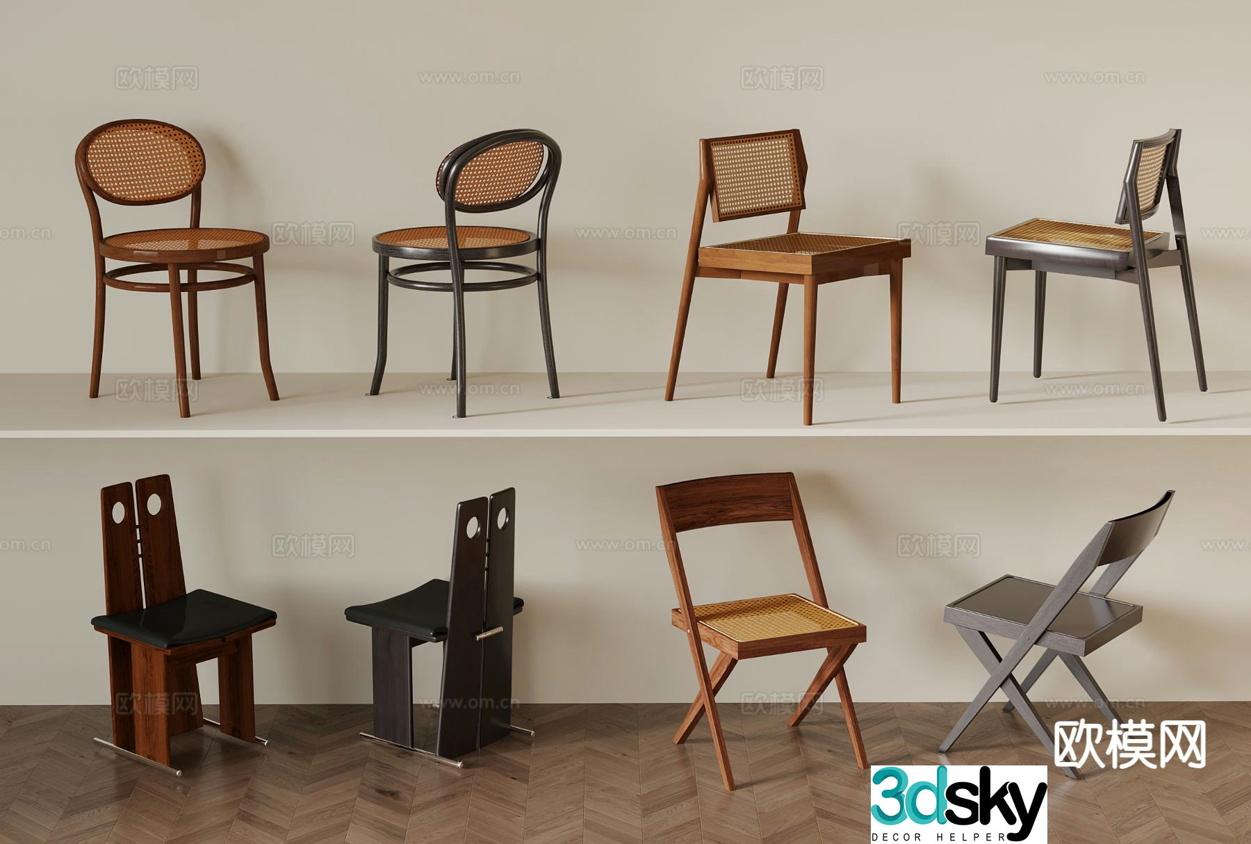 French chair dining chair rattan chair wooden chair 3d model