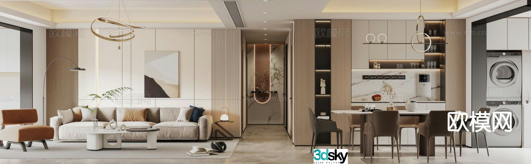 Modern living and dining room 3d model