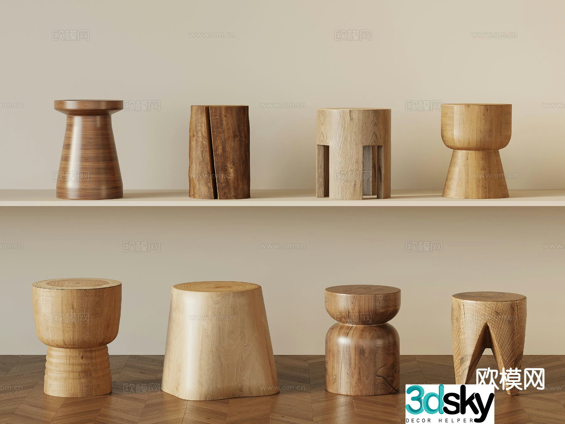 modern stool wooden stool round stool wooden pier 3d model