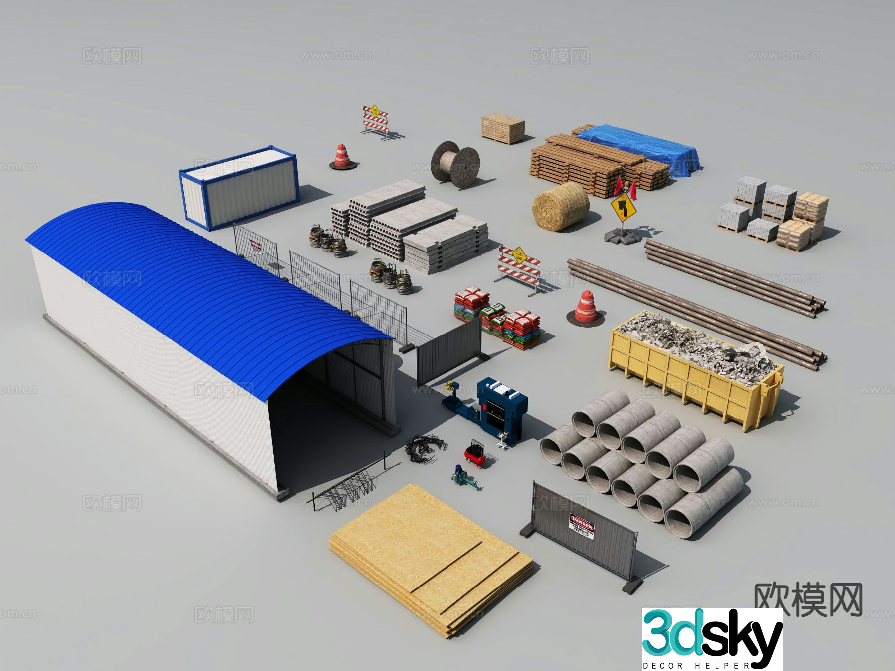 Construction site sketch, construction site materials, container, steel shed, construction site 3D model