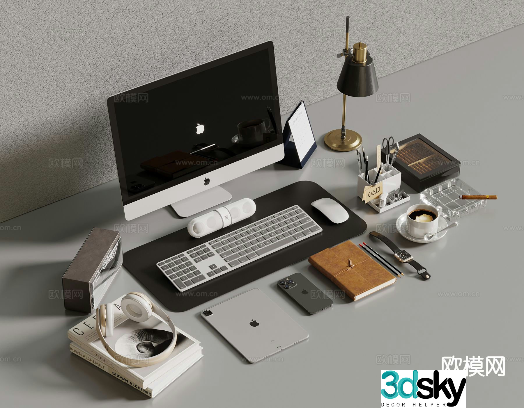Desktop computer office supplies watch mobile phone books 3d model