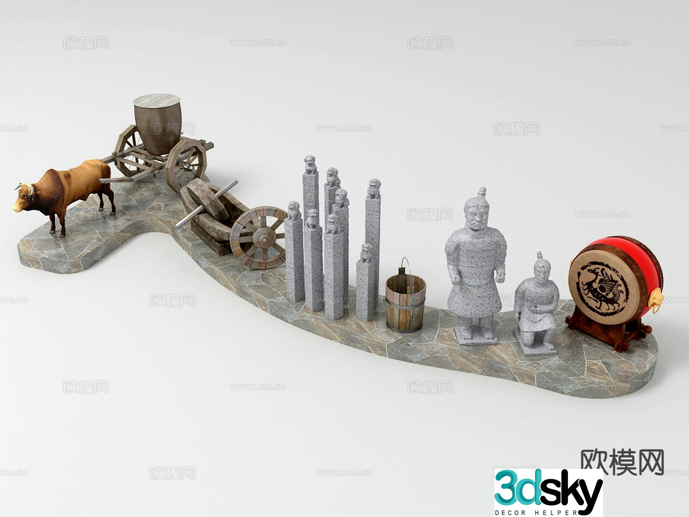 3D model of Chinese horse-tying stakes war drums ox-drawn carts and farm tools