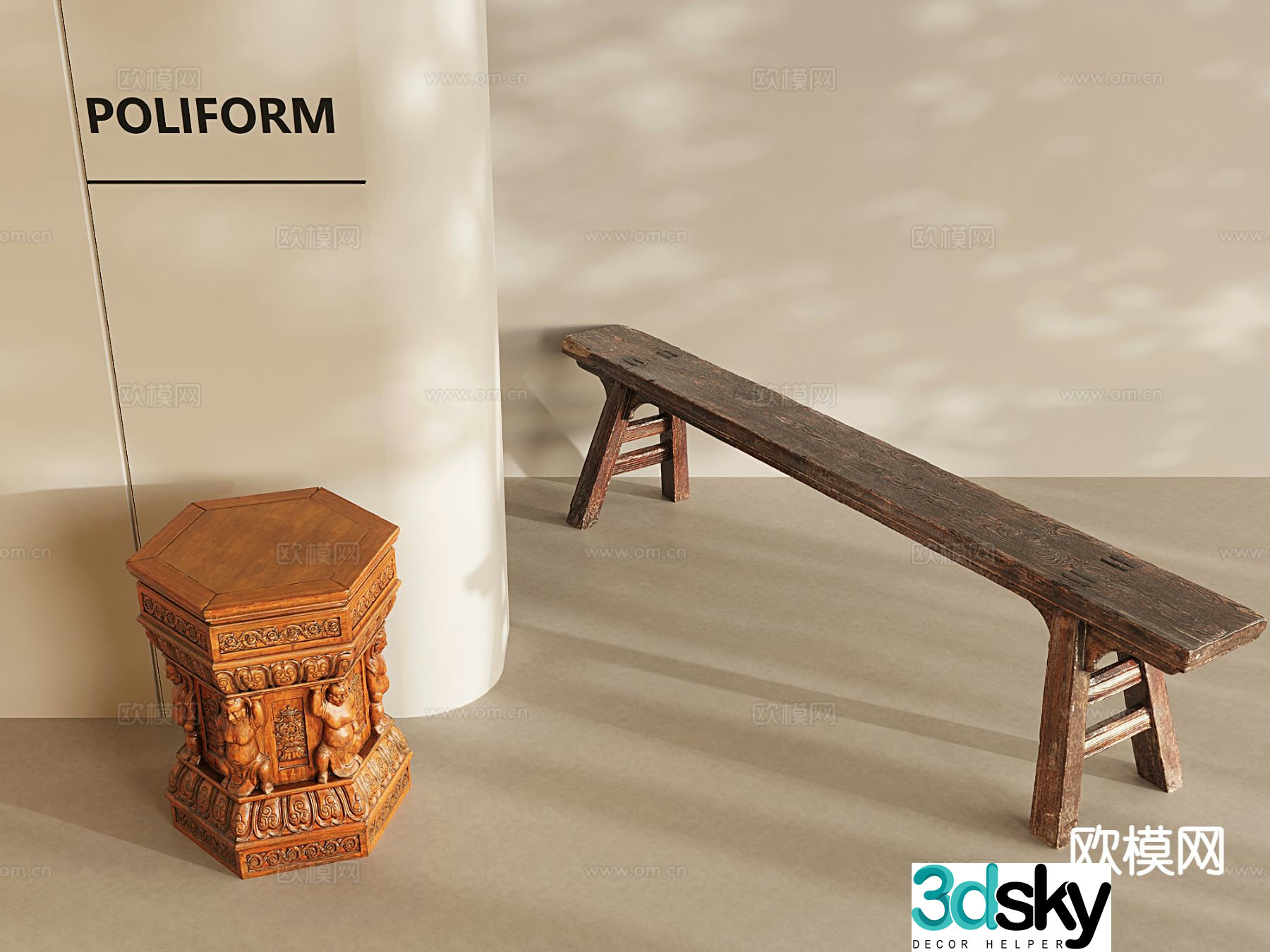 Chinese carved stool solid wood stool bench bench 3d model