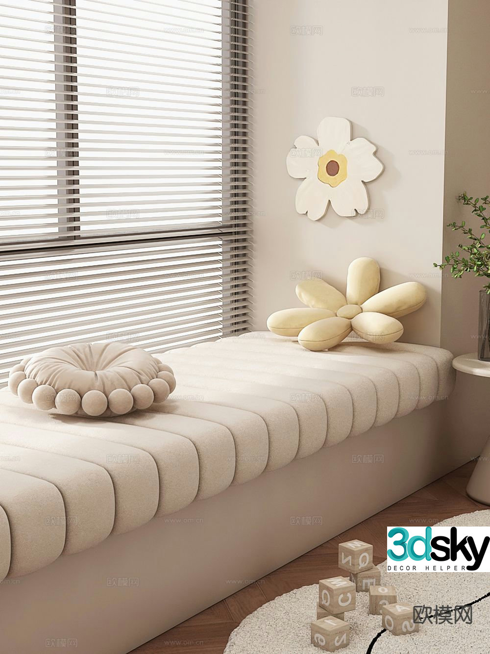 Cream wind bay window cushion pillow 3D model