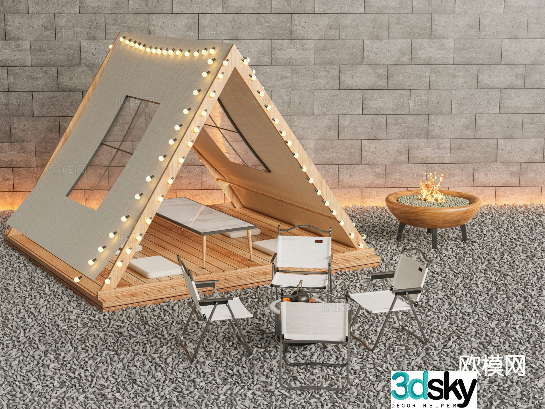 Camping tent making tea by the fire folding table and chairs 3D model