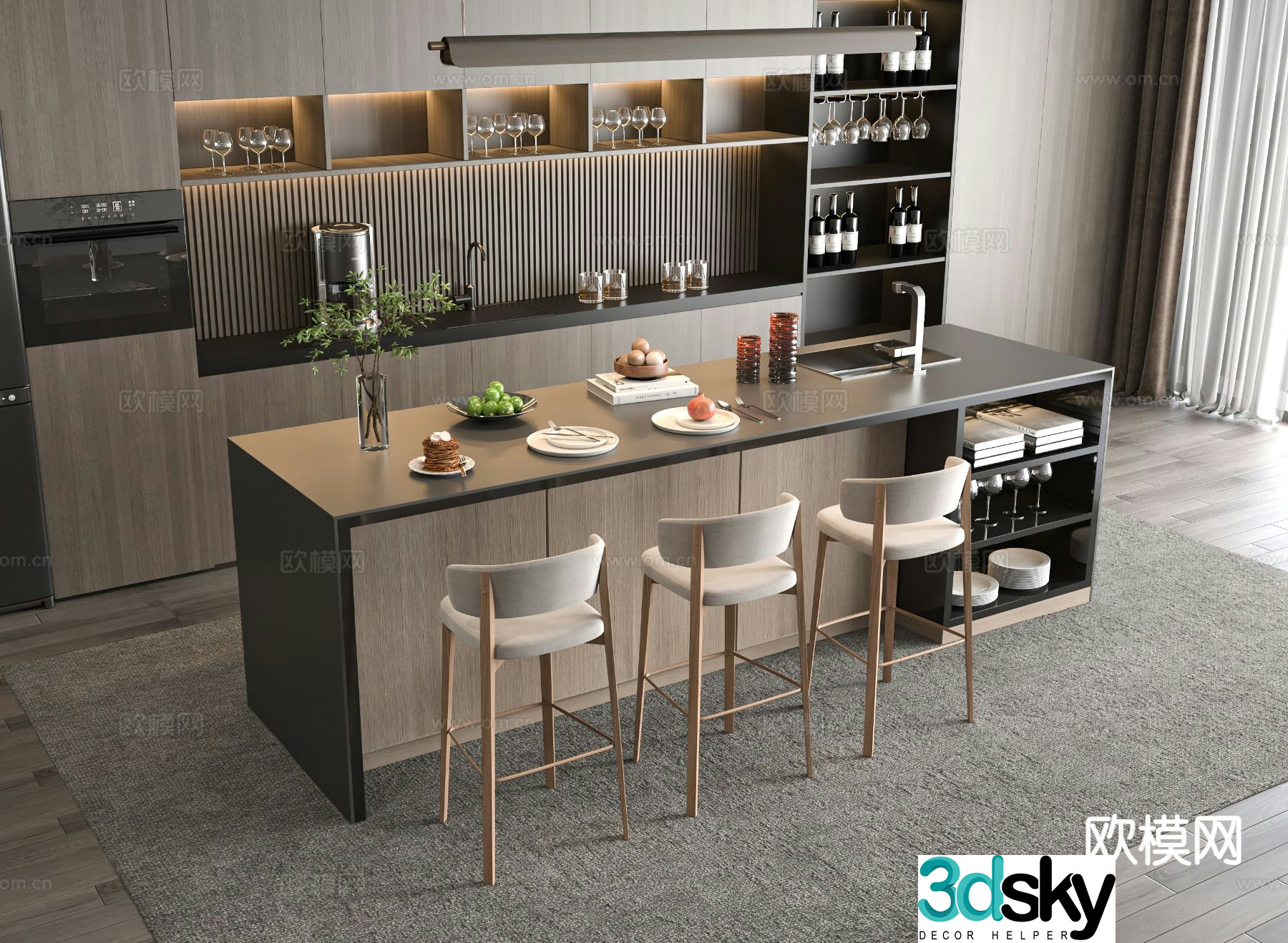 Modern bar counter bar chair island table 3D model