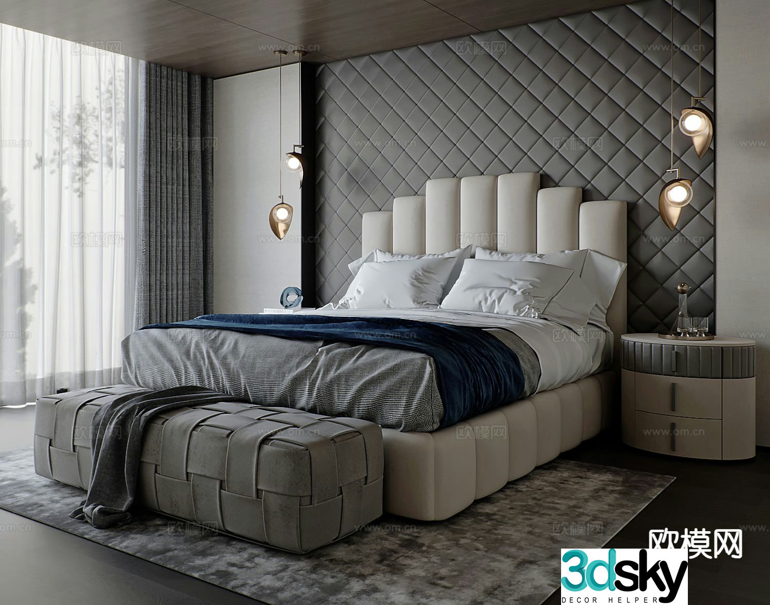 Simple European double bed 3d model