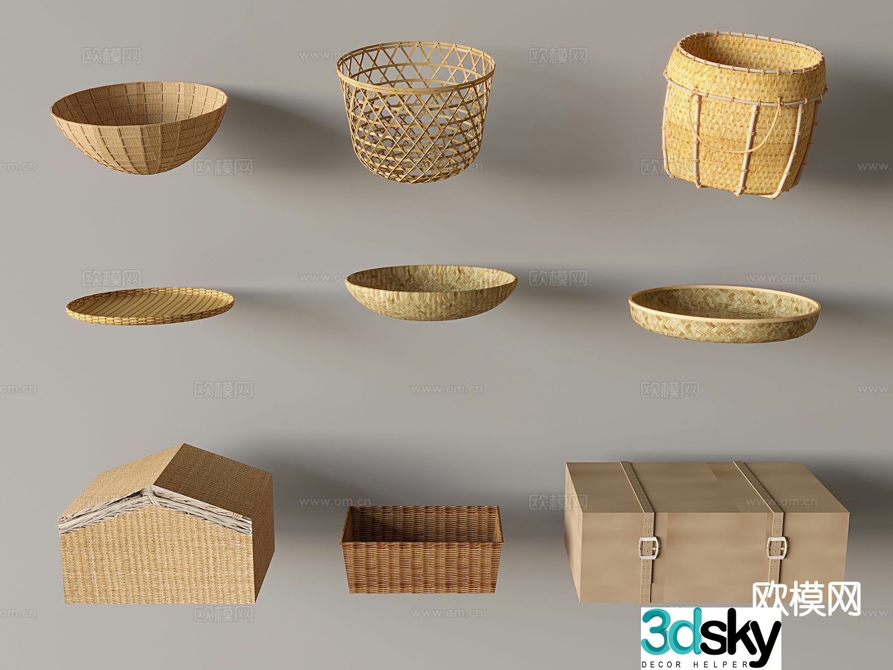 Nordic straw basket bamboo basket woven bamboo basket storage basket 3D model
