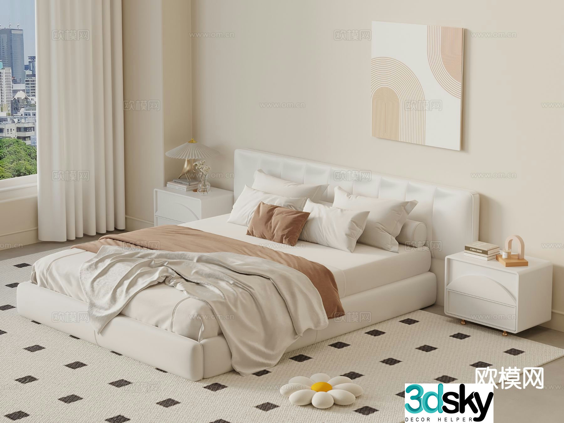 Cream style double bed 3d model