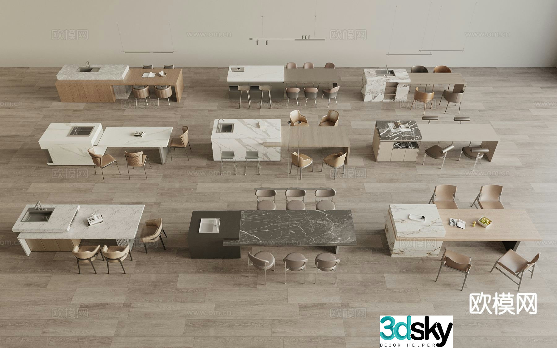 Modern island table dining table and chairs water bar 3D model