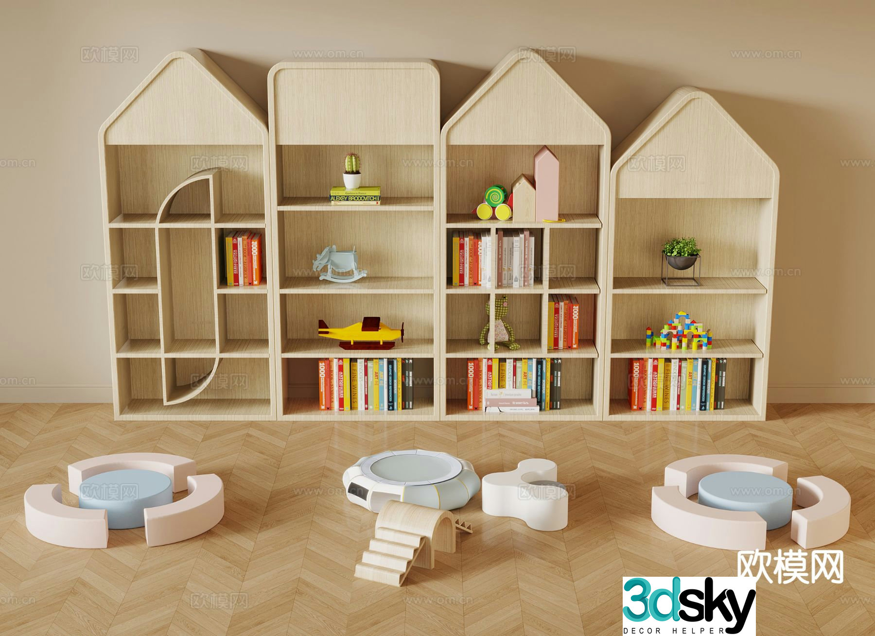 Modern children’s bookshelf children’s table and chairs children’s cabinet 3D model