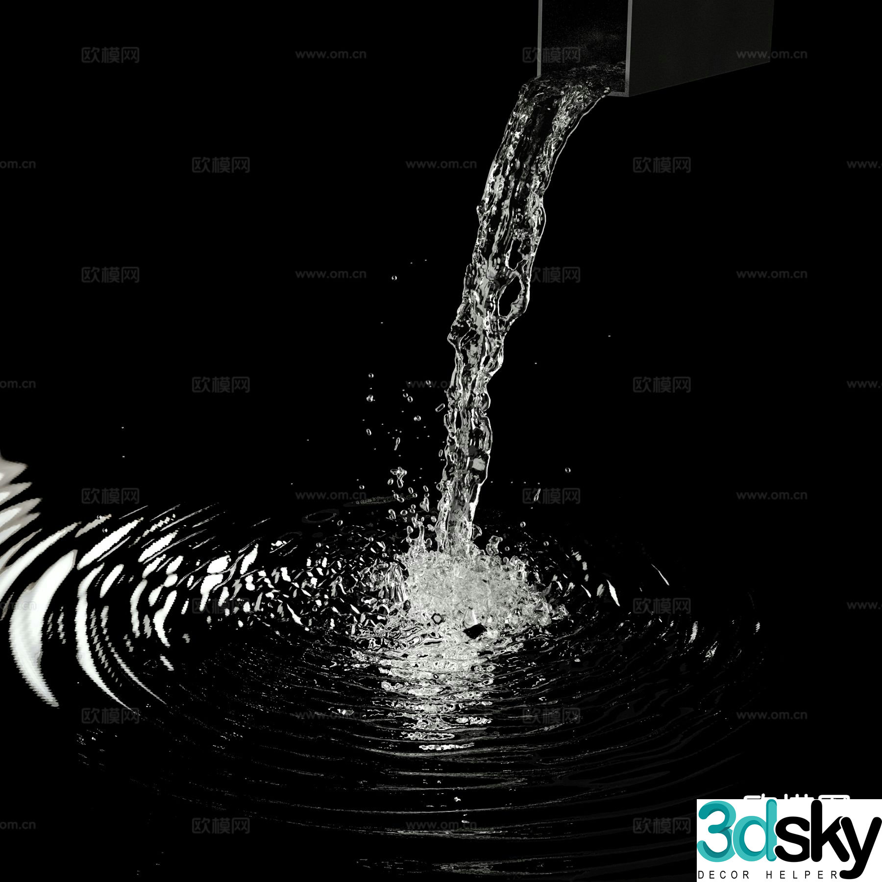 Modern waterscape fountain overlapping water droplets 3d model