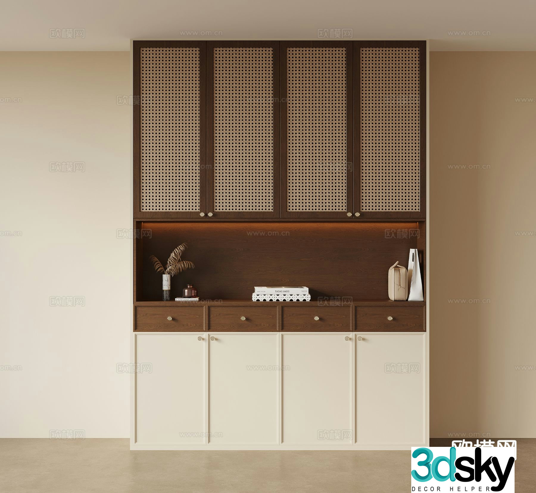 Middle-aged style home entrance shoe cabinet rattan cabinet entrance shoe cabinet 3D model