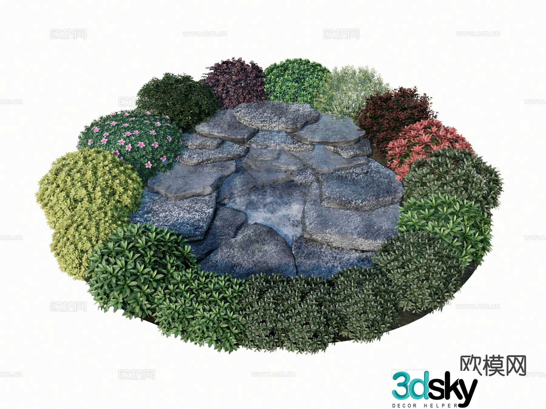 Modern schist water drop small pool shrubs and green plants 3D model