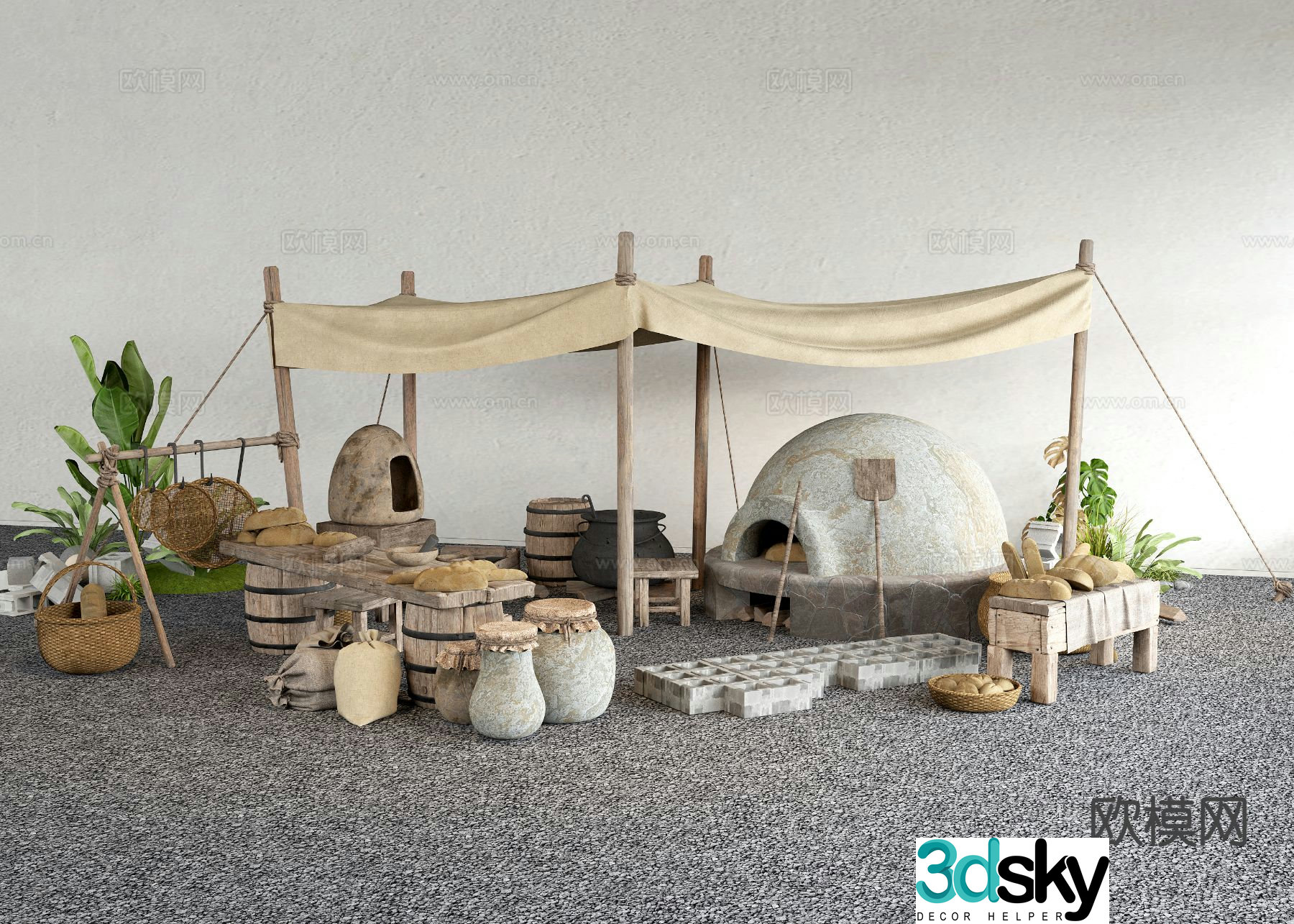Chinese bread stall ancient stall market stall folk sketch 3D model