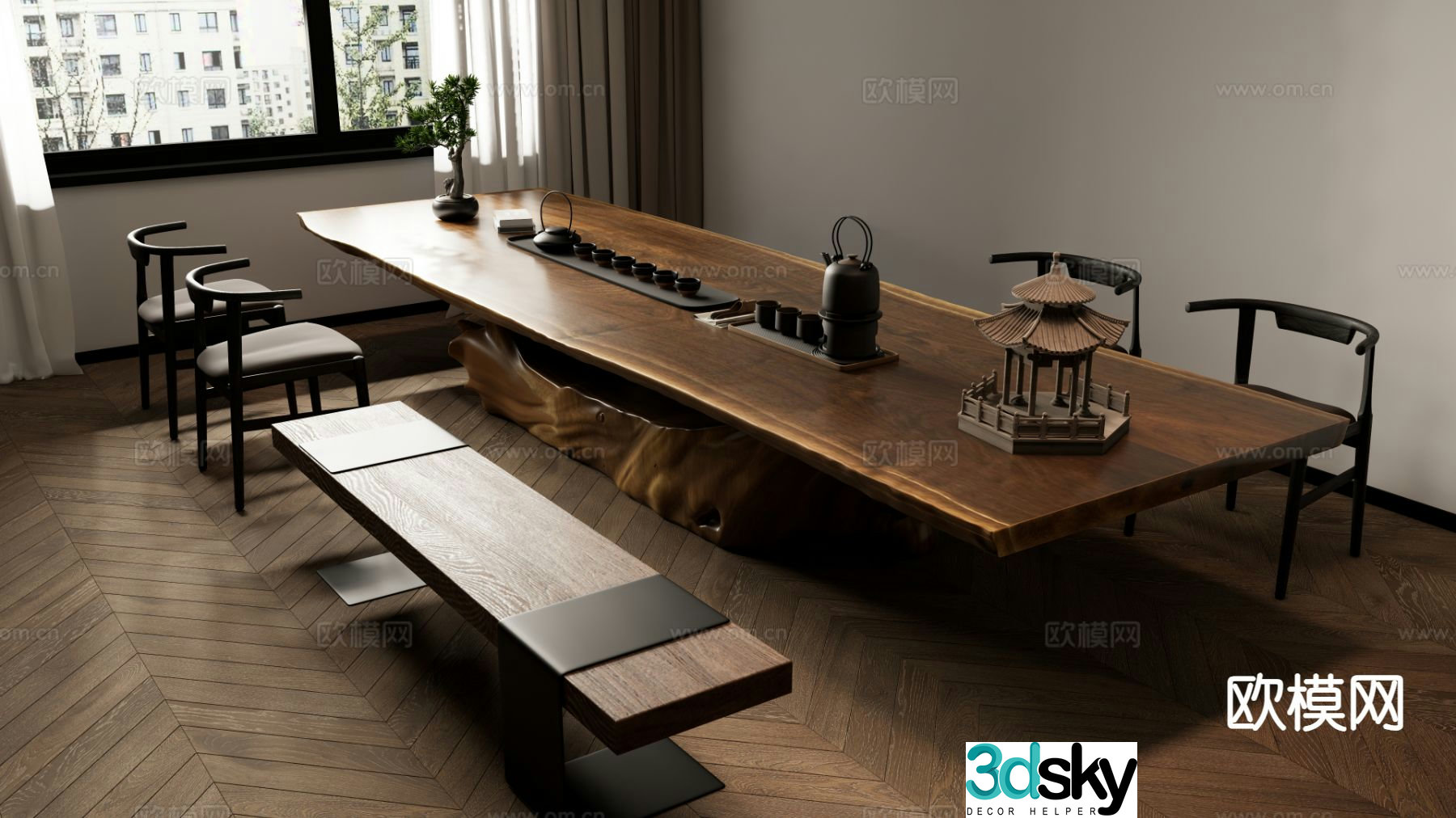 New Chinese tea table and chairs 3d model