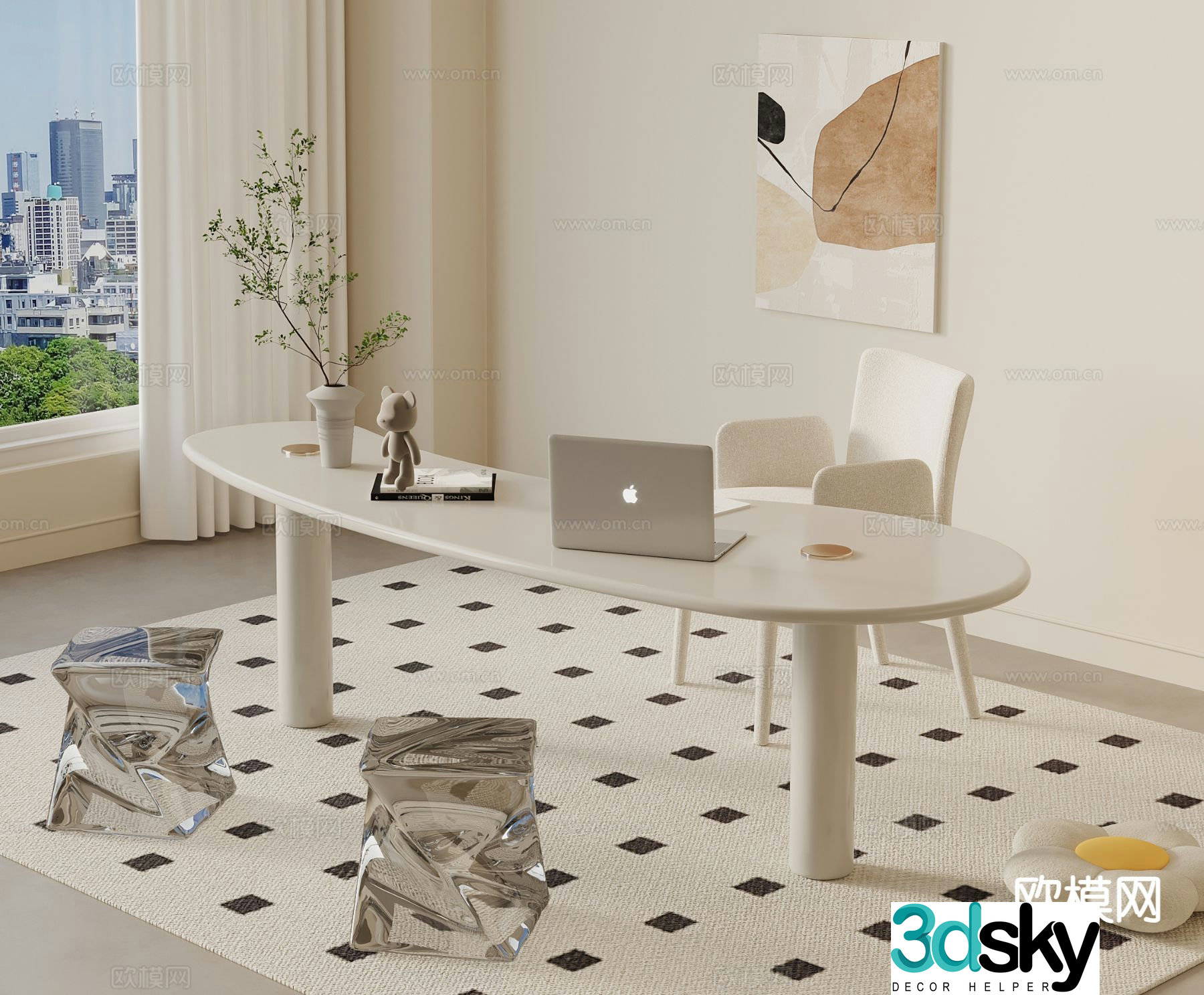 Cream style desk writing desk computer desk 3d model