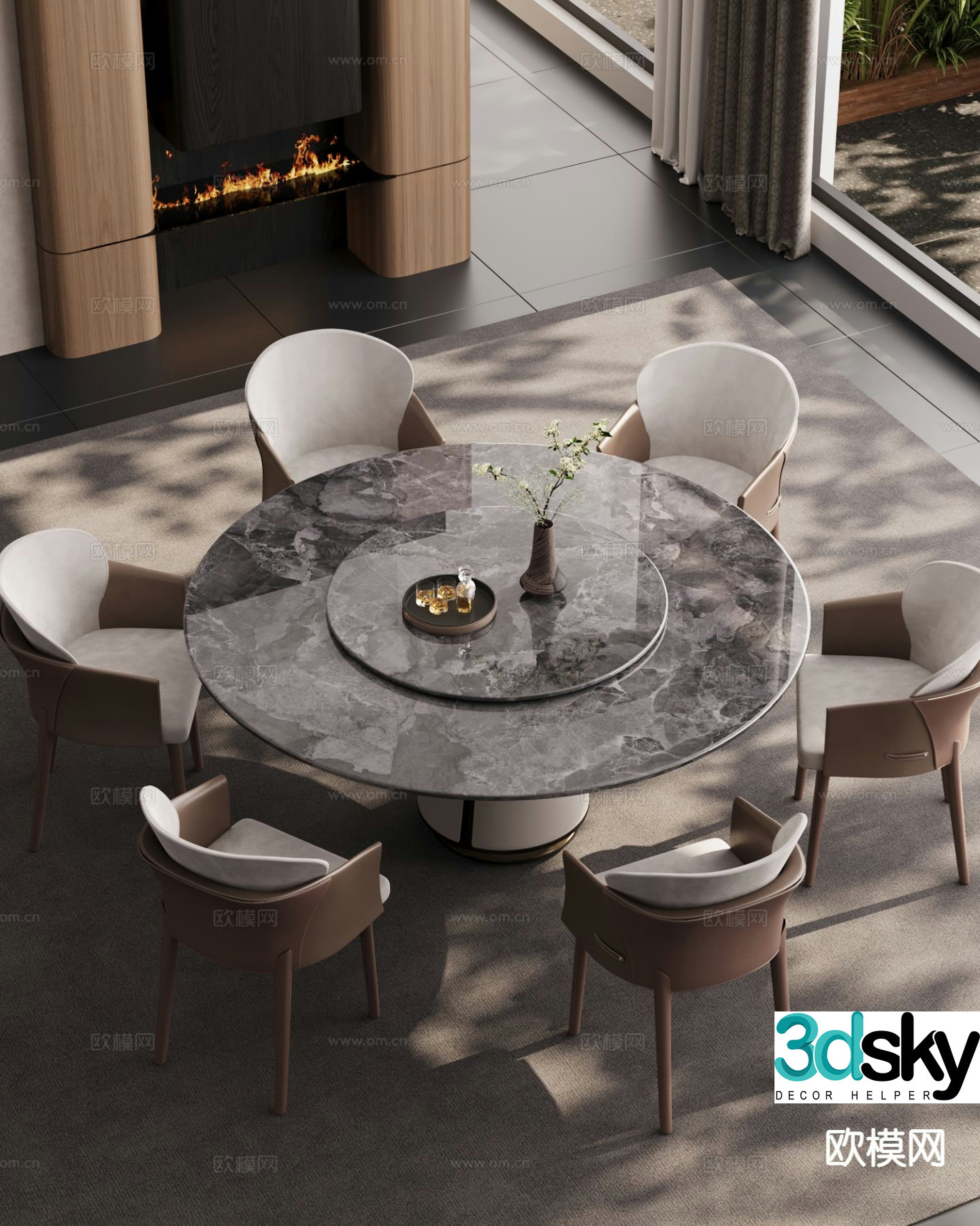 Italian light luxury dining table and chairs round dining table 3D model