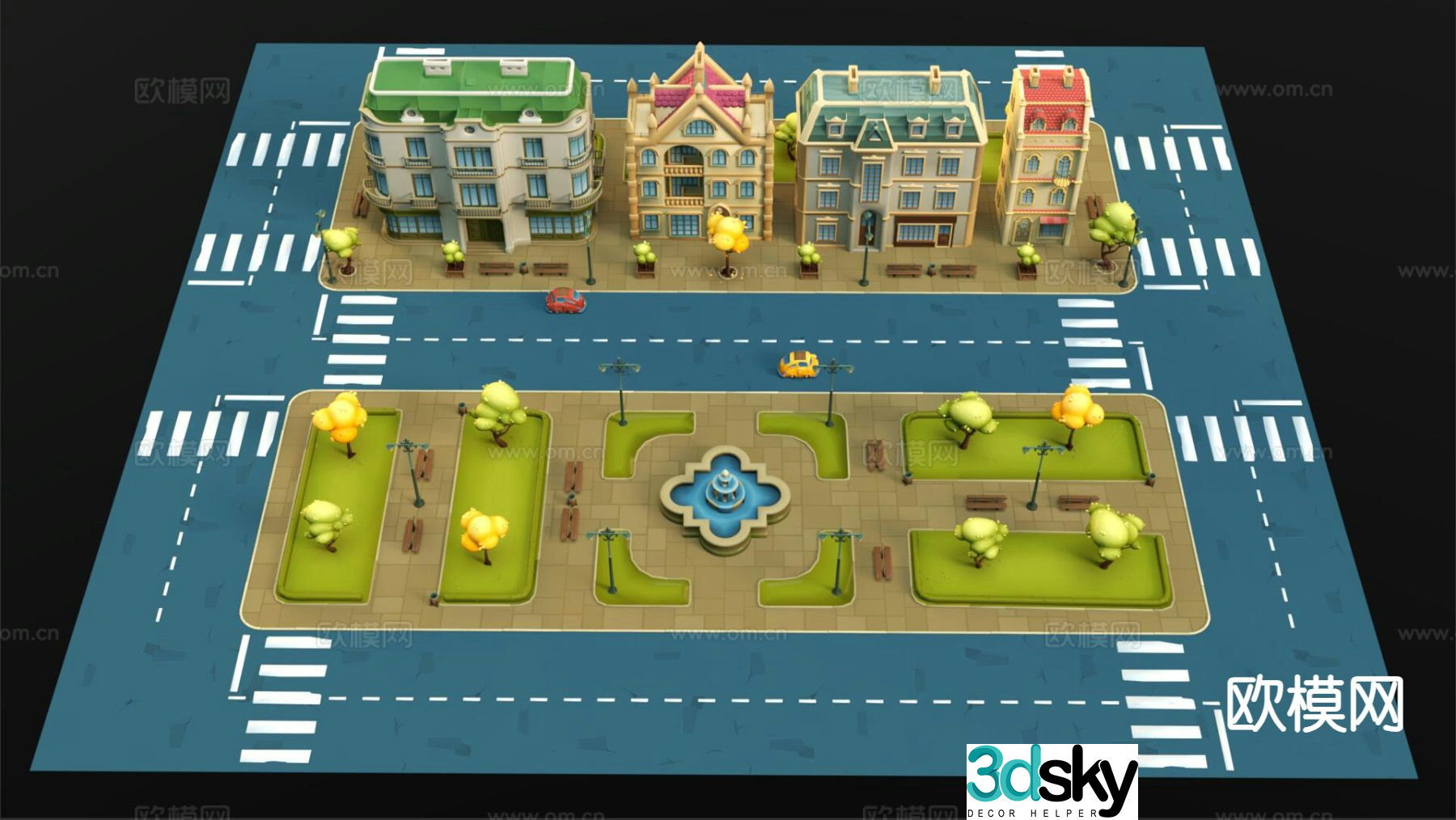 Bird’s eye view of European style town Bird’s eye view of cartoon town Q version town 3D model