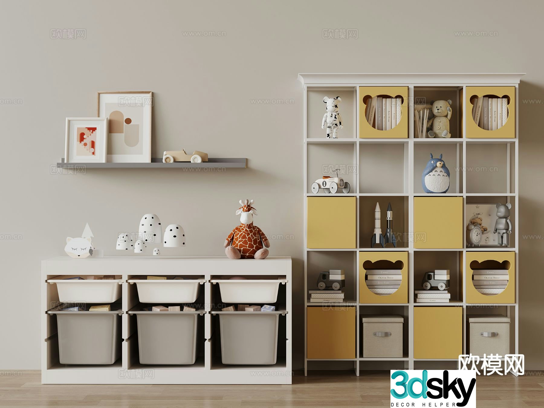 Cream style children’s cabinet storage cabinet bookcase 3d model