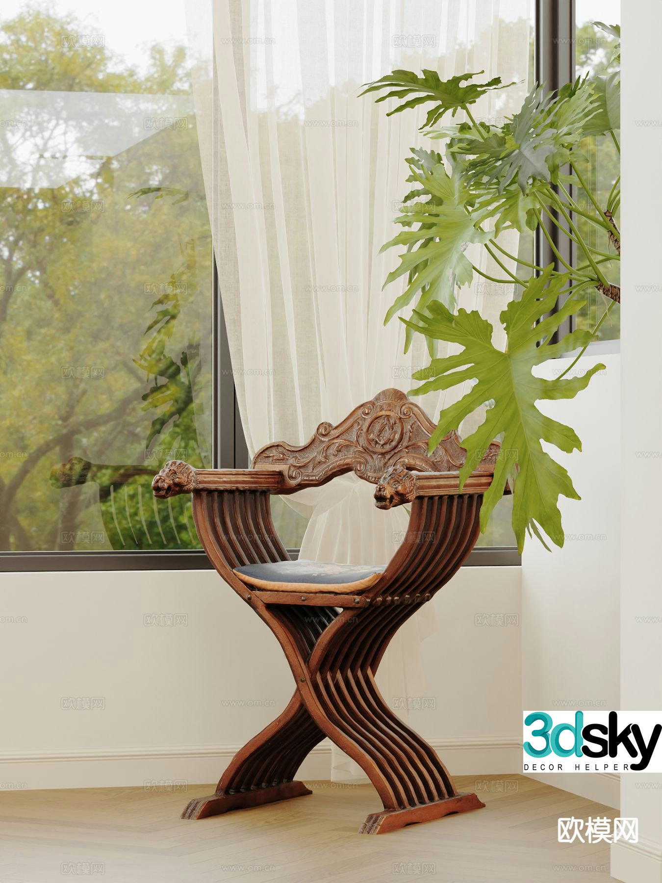 Medieval style single chair leisure chair dining chair solid wood chair 3D model