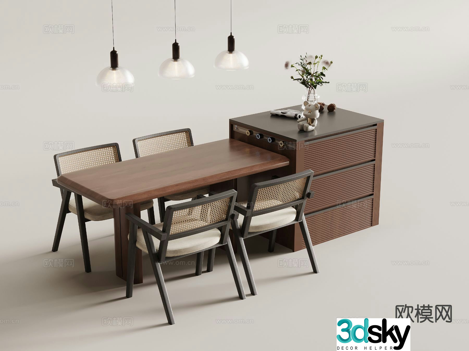 Medieval style island dining table and chairs 3D model