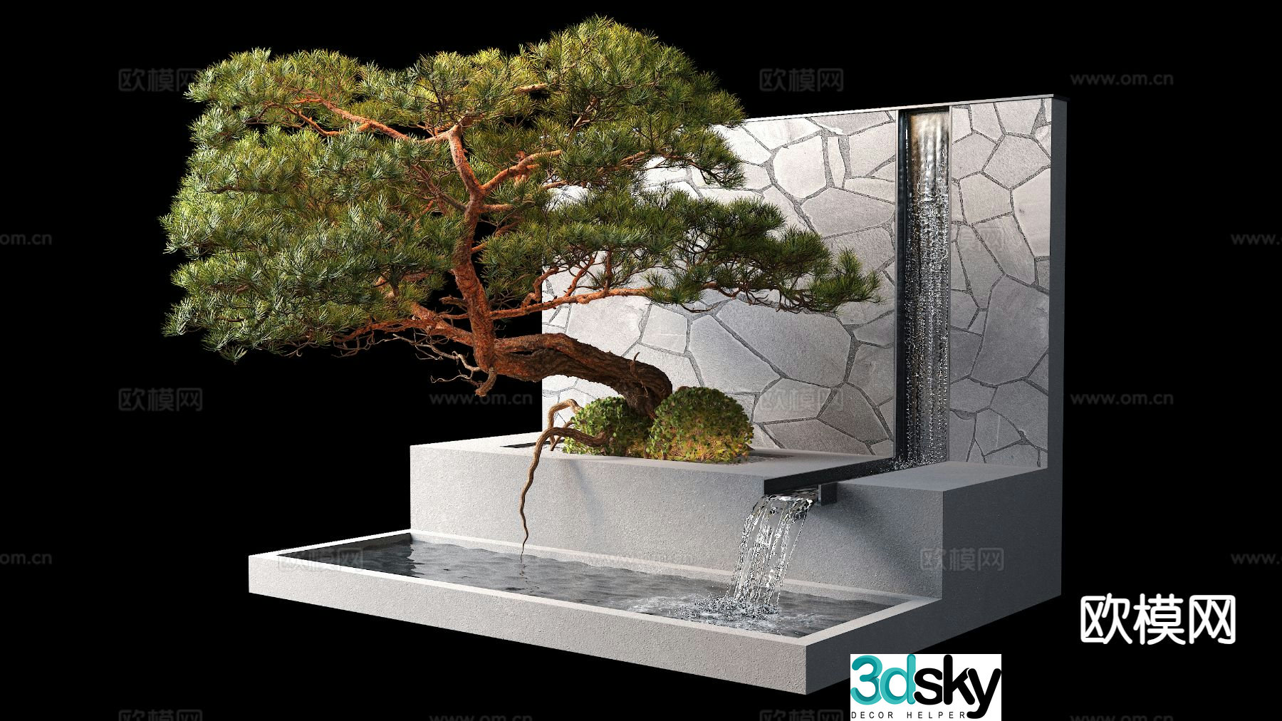 Outdoor flowing water sketch potted plant pine tree water feature 3D model
