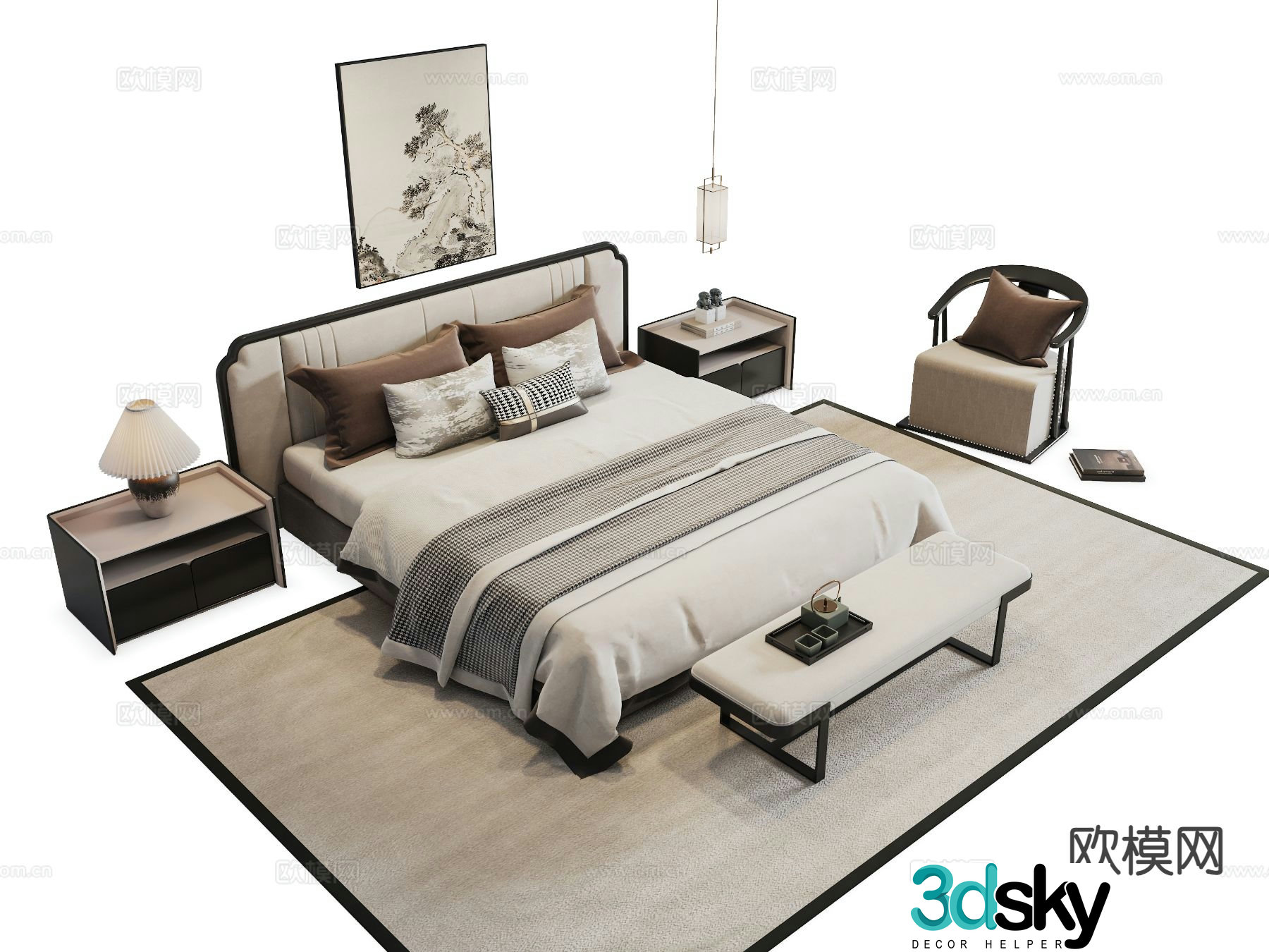 New Chinese style double bed 3d model
