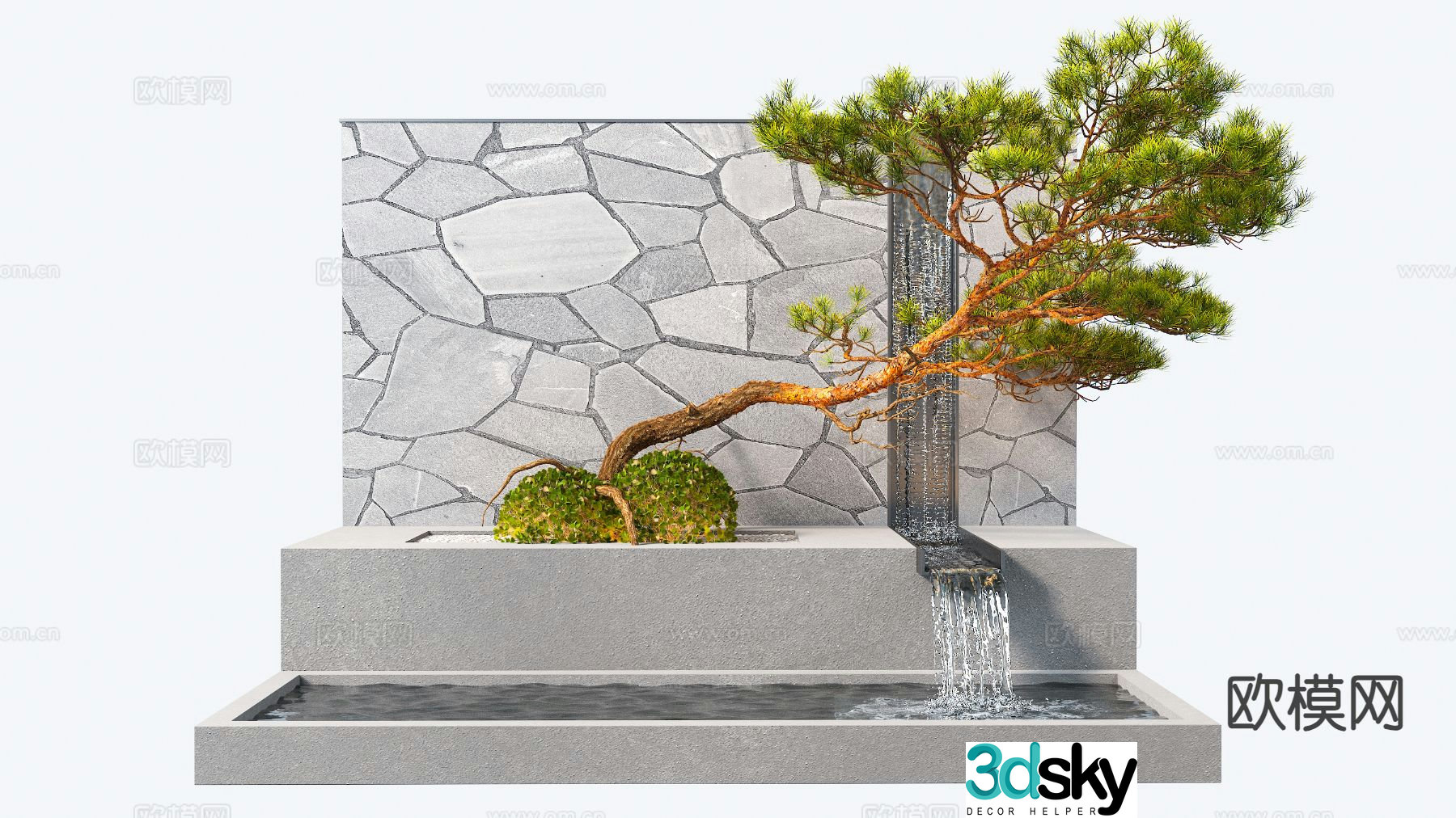 New Chinese style fountain water feature flowing water trees flowers and grass 3D model