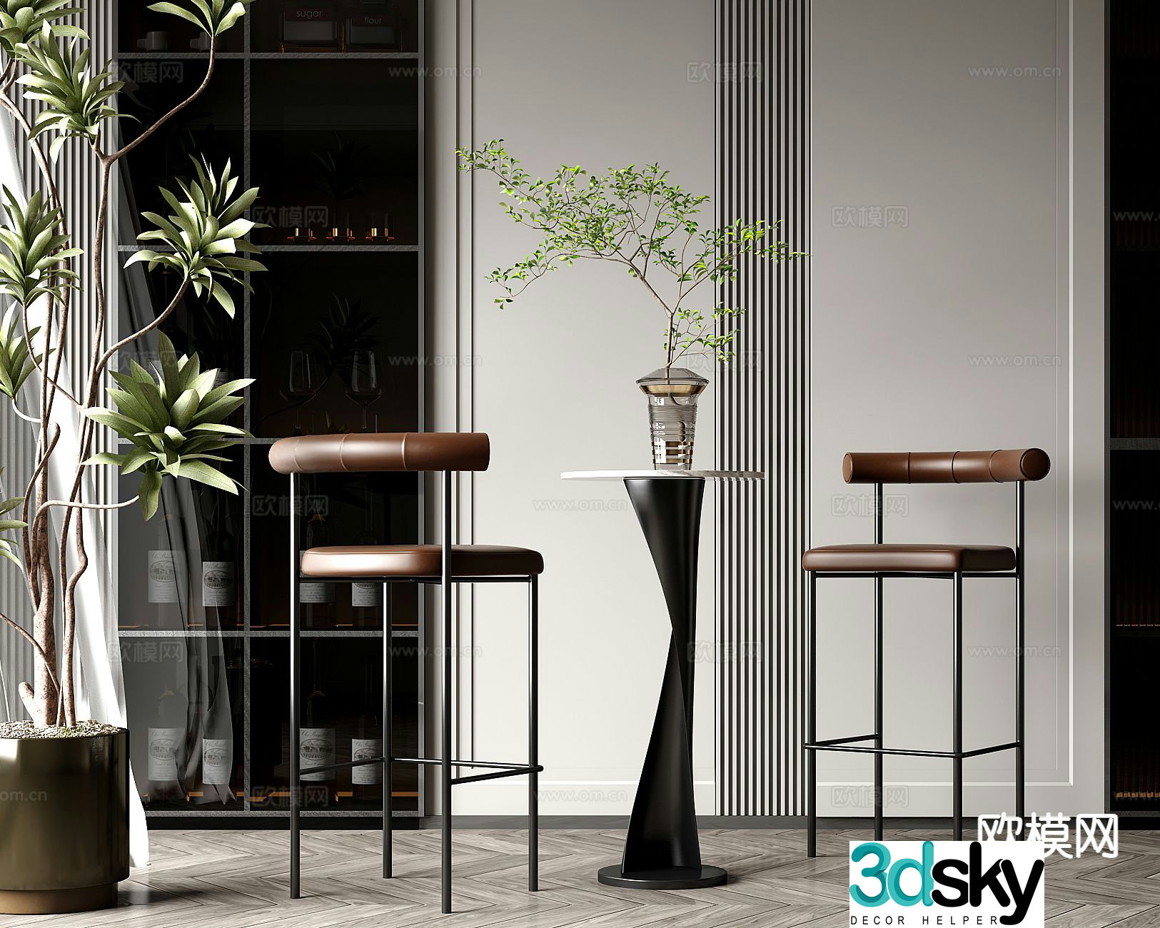 Light luxury wine tasting area bar counter bar chair 3D model