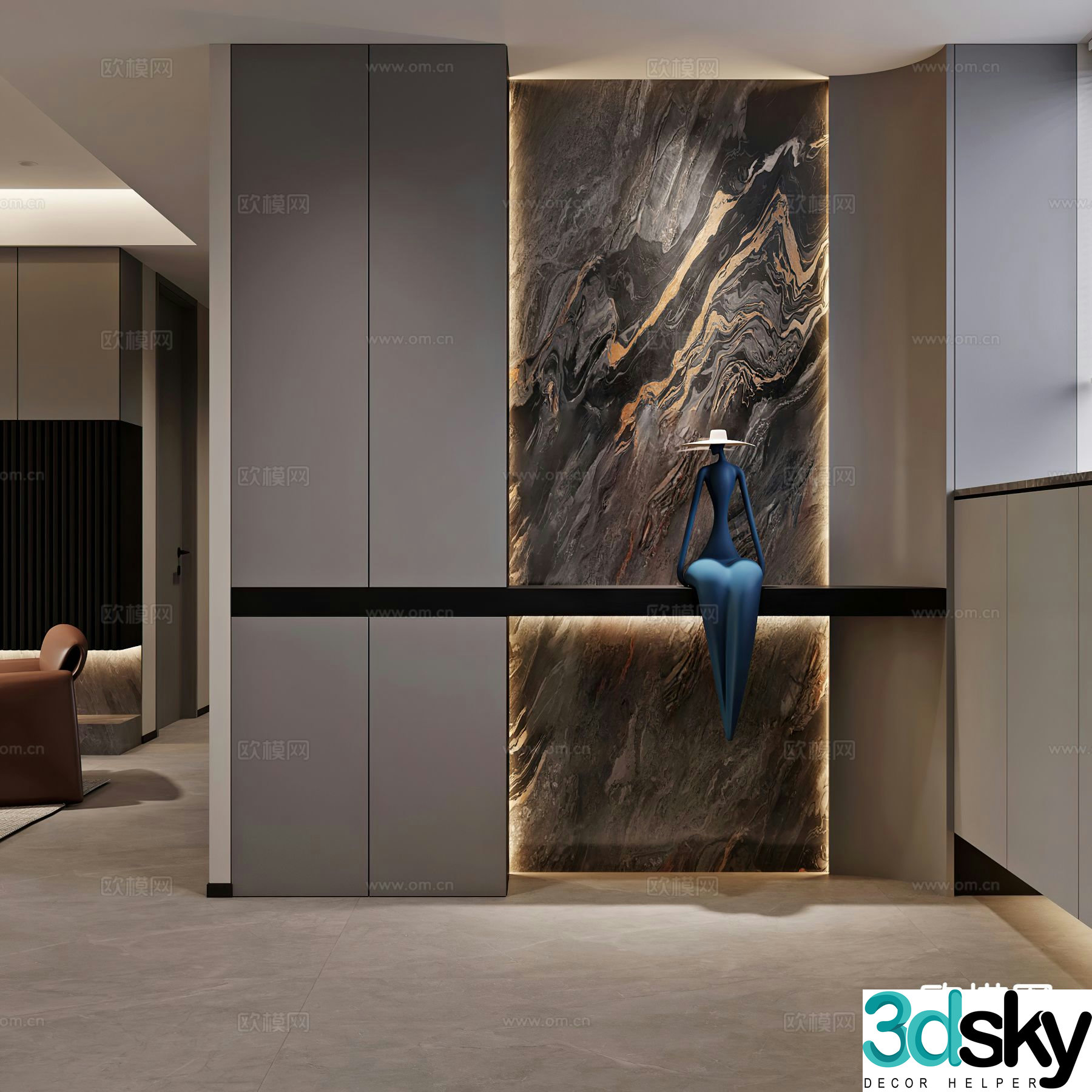 Modern entrance shoe cabinet facing wall 3D model