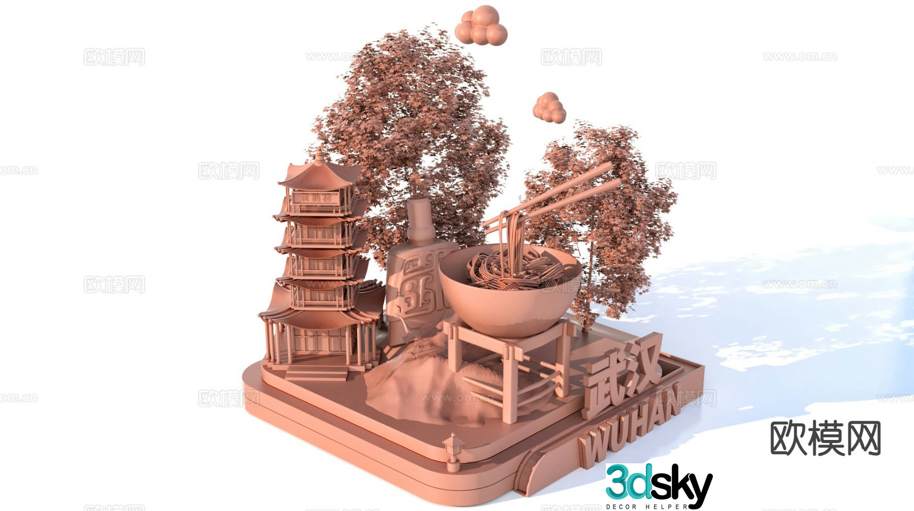 3D model of characteristic urban ancient buildings and scenic sculptures