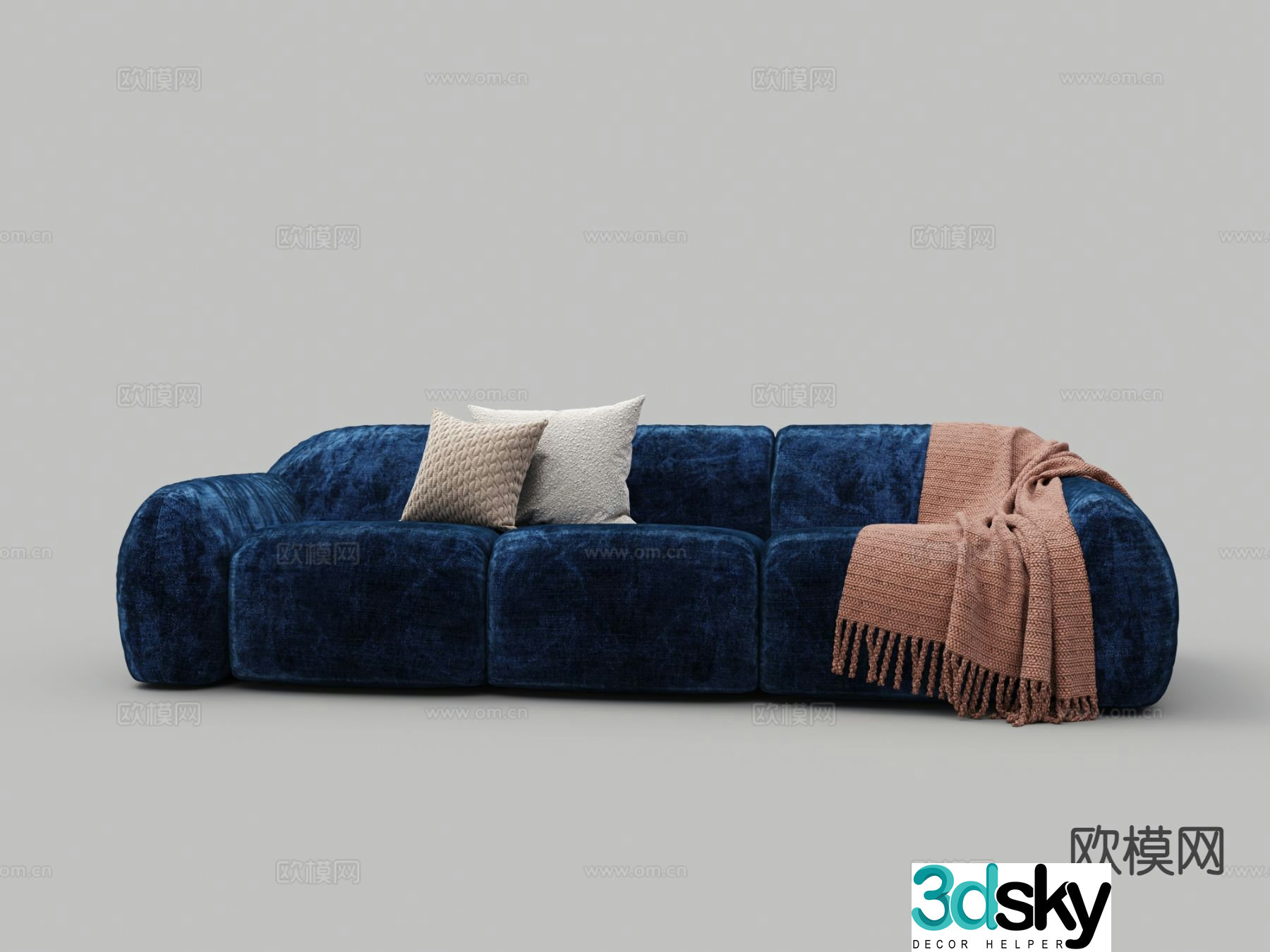 Modern blue sofa velvet sofa three person sofa 3d model