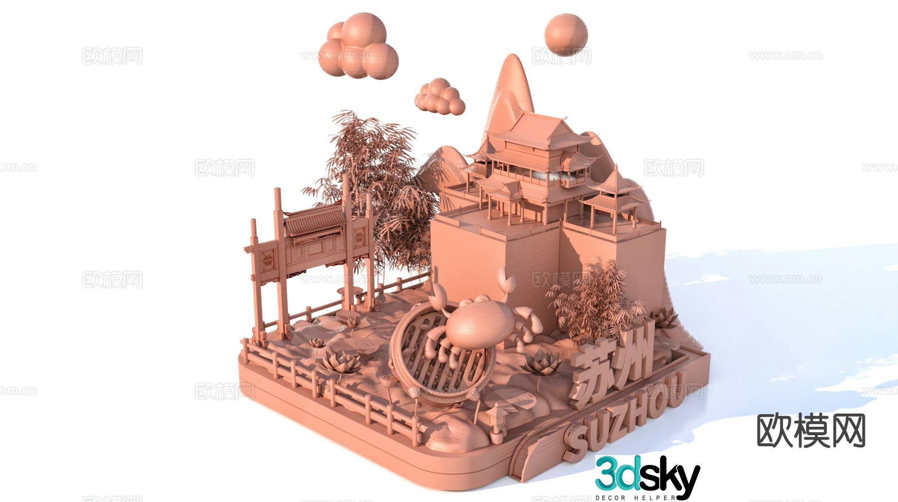 3D model of characteristic urban ancient buildings and scenic sculptures