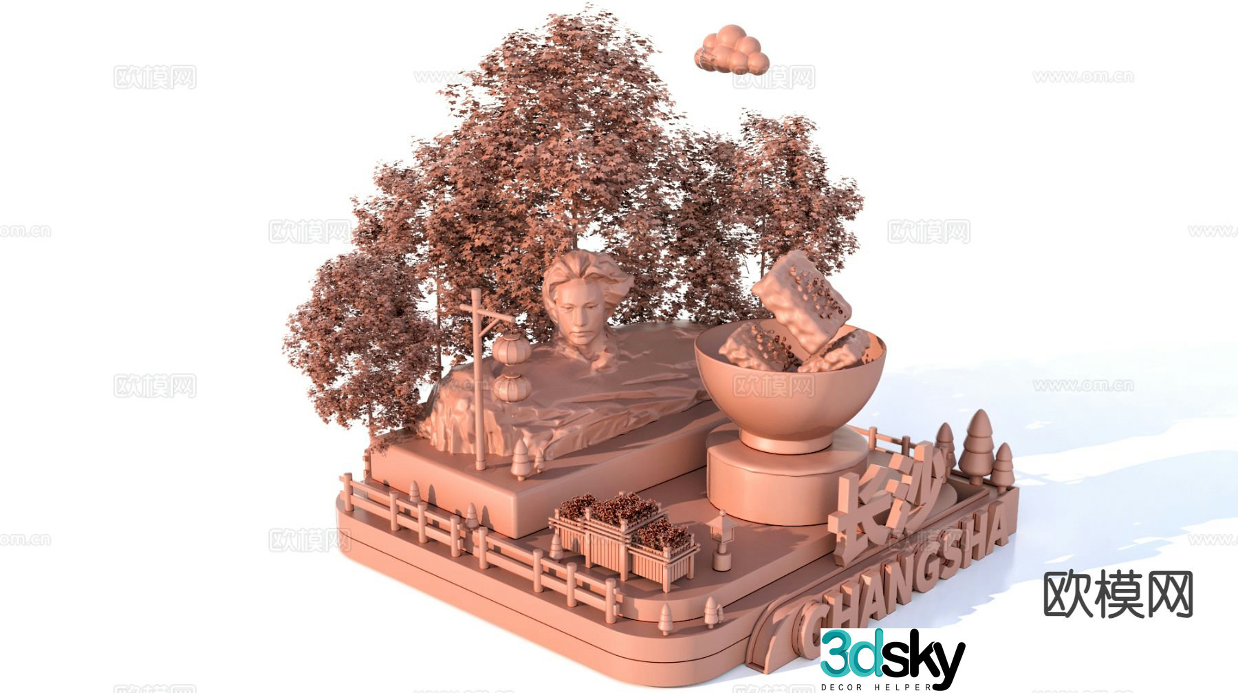 3D model of characteristic urban ancient buildings and scenic sculptures