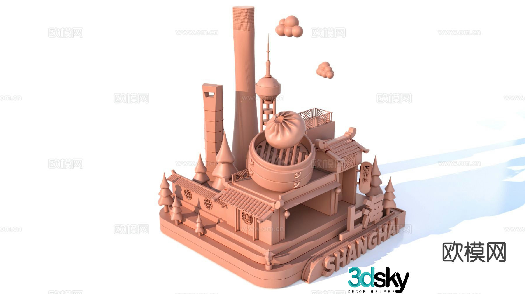 3D model of characteristic urban ancient buildings and scenic sculptures