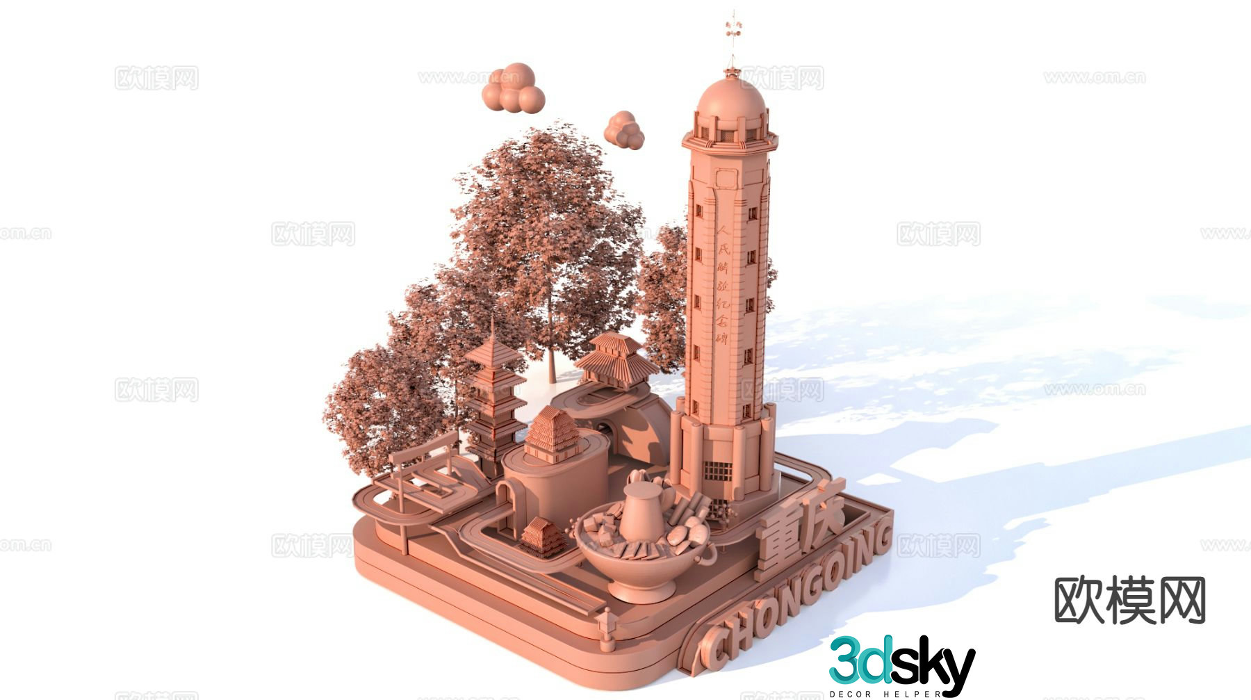 3D model of characteristic urban ancient buildings and scenic sculptures