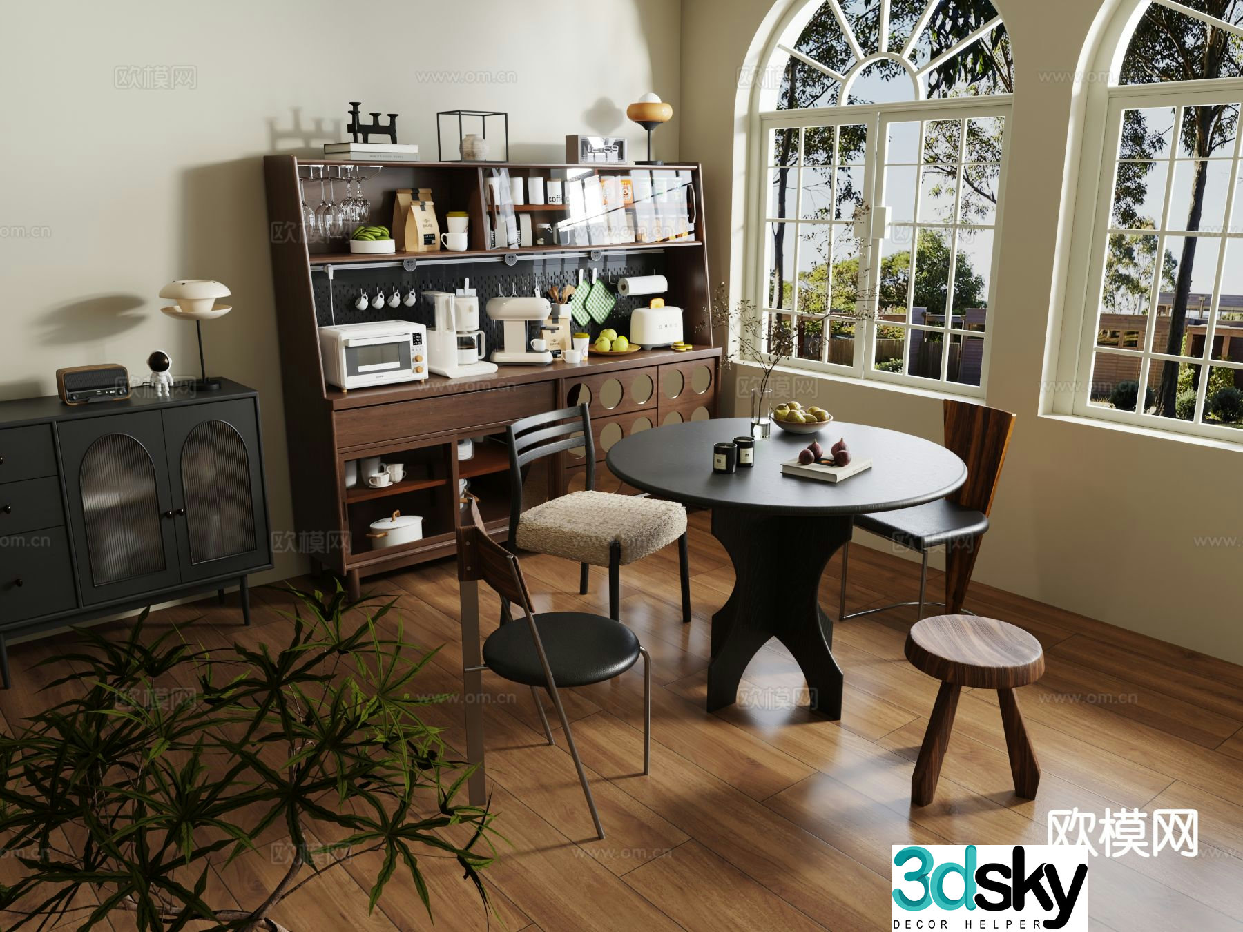 Medieval style round dining table and chairs 3D model