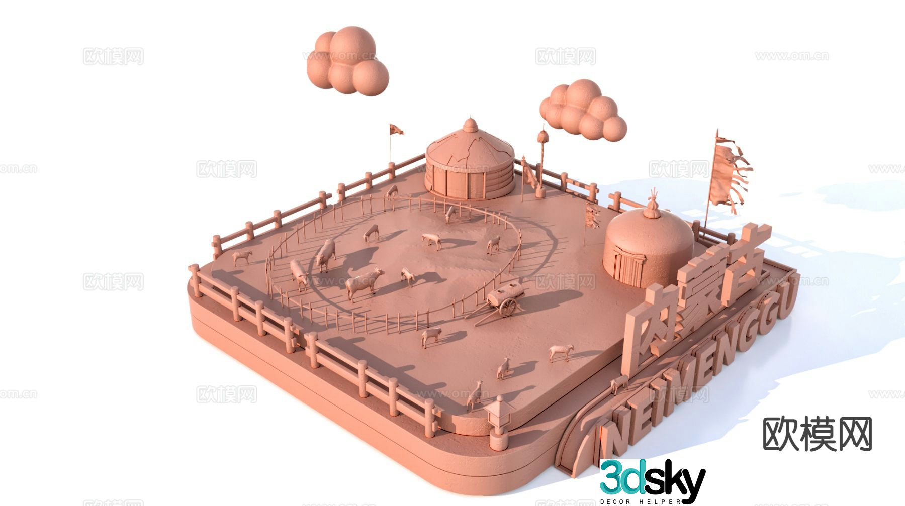 3D model of characteristic urban ancient buildings and scenic sculptures