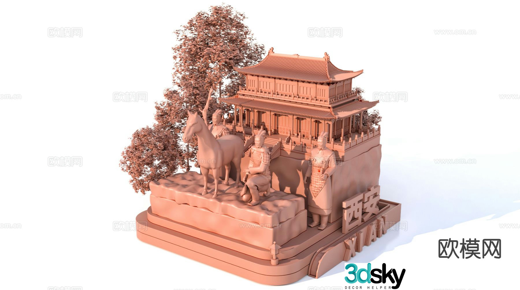 3D model of characteristic urban ancient buildings and scenic sculptures