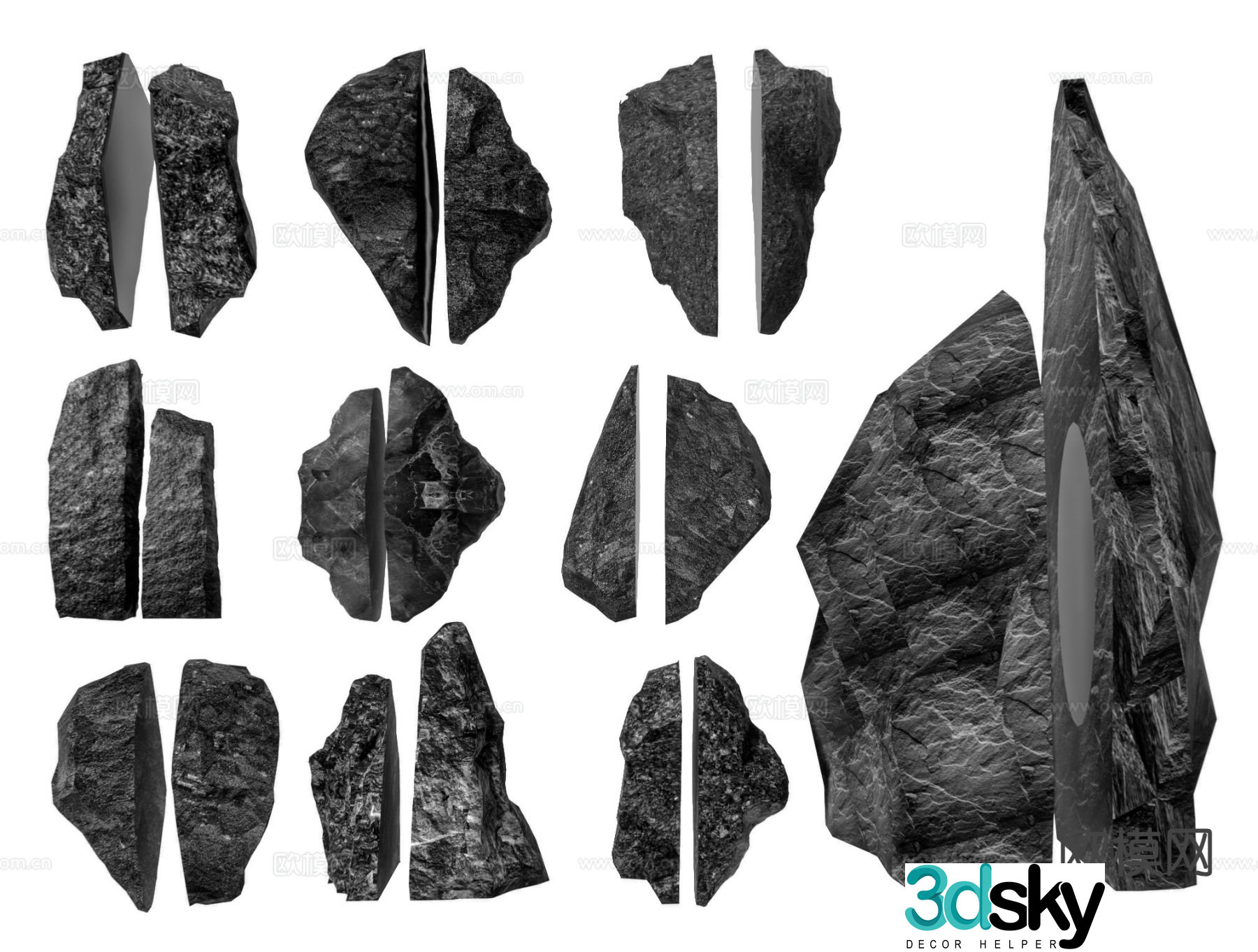 split stone split stone sliced â€‹â€‹stone two halves stone black mountain stone 3d model